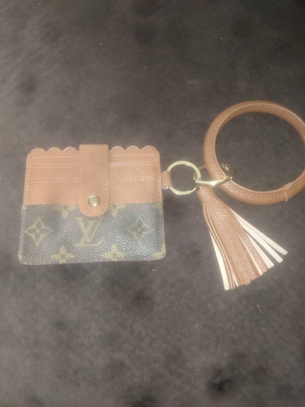 Designer-Inspired Brown Monogram Card Holder Keyring with Tassel